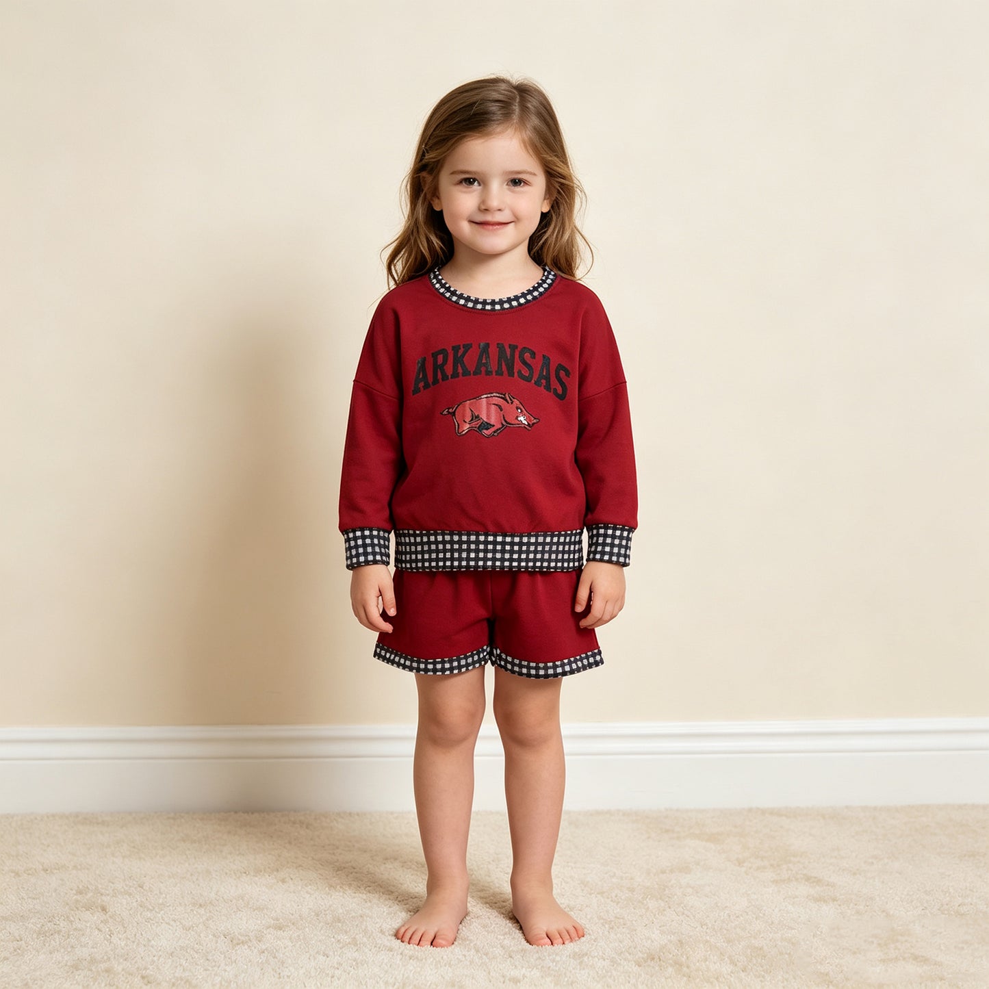 RTS NO MOQ Vinyl GLS0167 Baby Boys Red Long Sleeve Top Short Team Clothes Set