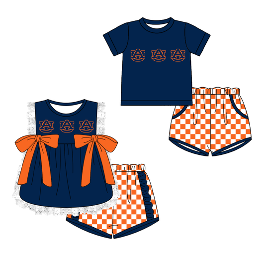 CUSTOM MOQ 5 Cute Comfortable Clothing For Kids Sibling Boys Baby Girls Summer Dark Blue UA Top Checked Shorts Team Clothes Sets