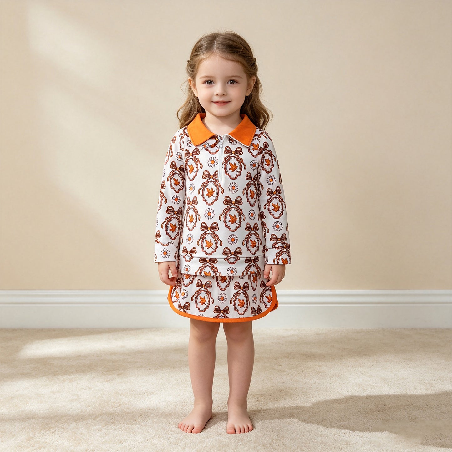 RTS NO MOQ （In stock）milk silk GLD1602 Baby Girls Long Sleeve Bow Leaf Print Zip Pullover Top Skirt Outfit