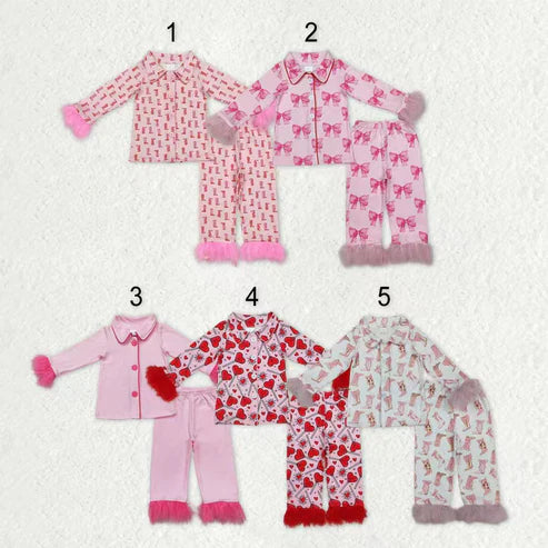 9.27 RTS Sibling Baby Girls Sister Bows Boots Hearts Buttons Top Pants Fur Pajamas Clothes Sets