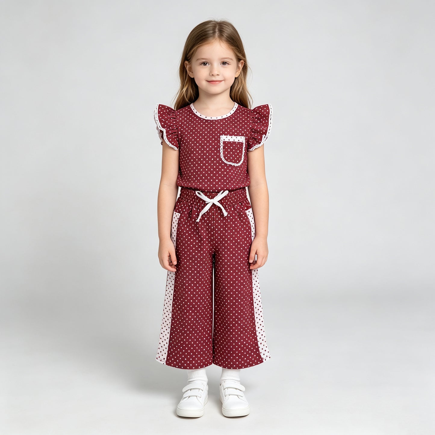 GSPO2329 RTS NO MOQ （In stock）Baby Girls Maroon Polka Dots Pocket Top Flare Pant Clothes Sets