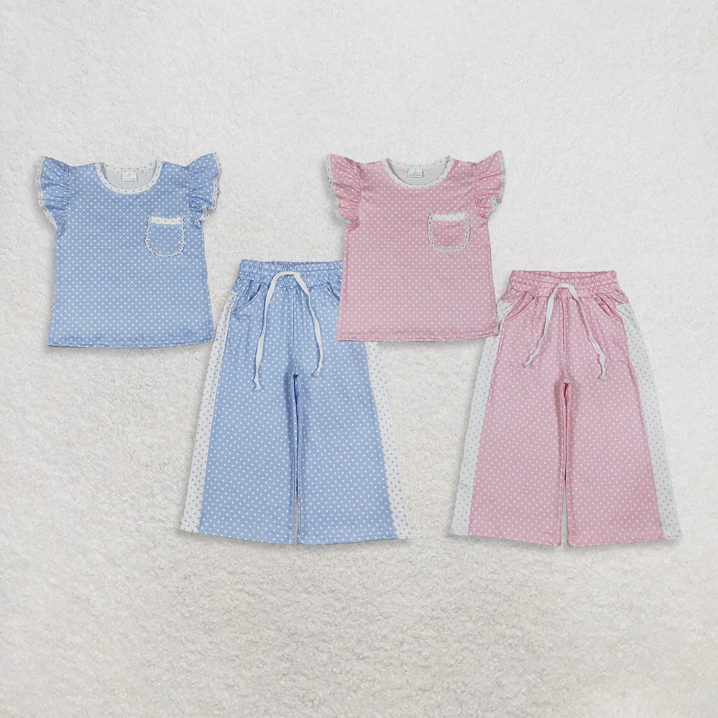RTS Sibling Pink and bule polka dots flutter sleeves top pants girls outfits