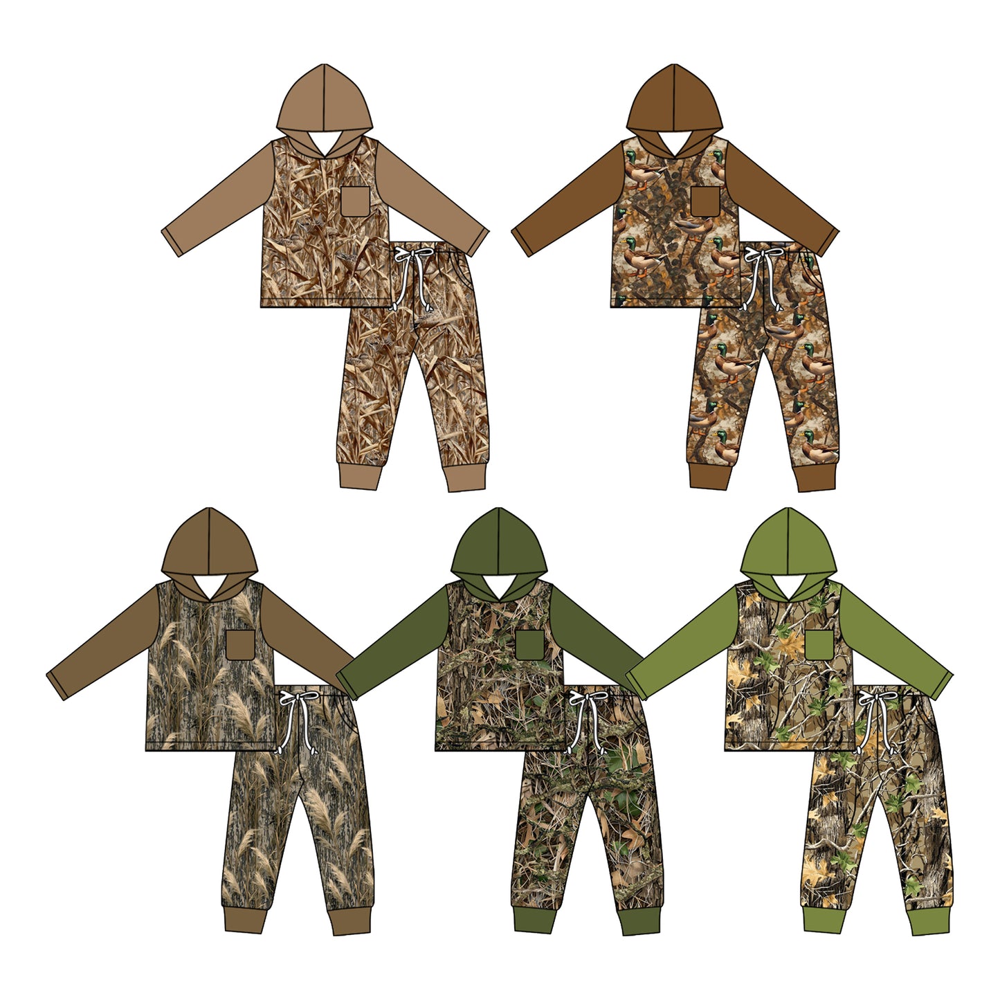 5.11 Pre order No Moq Baby Boys Southern Khaki Leaves Camo Hoodie Top Pocket Joggers Clothes Sets