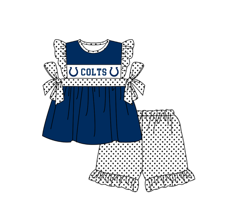 CUSTOM MOQ 5 Sibling Baby Kids Dark Blue Polka Dots Top Shorts Clothes Set Knee Length Dress Rompers