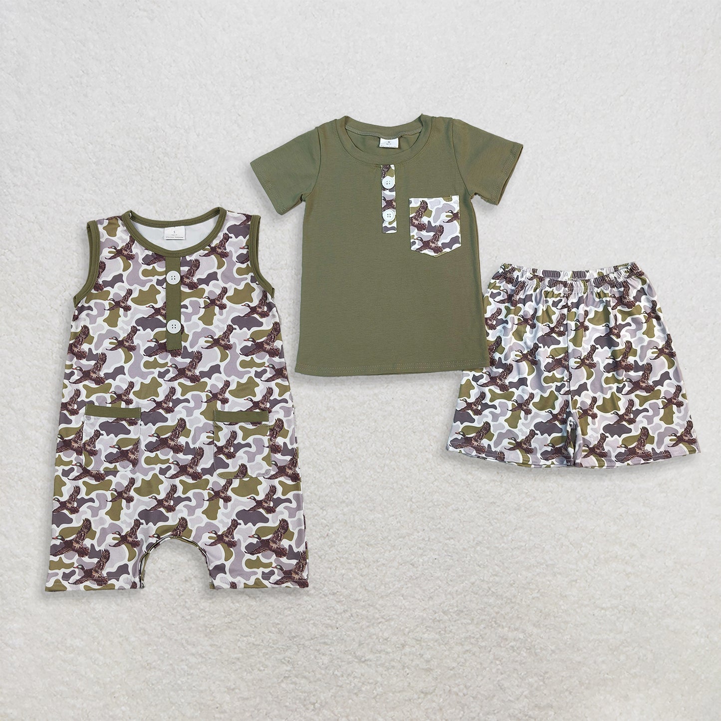 RTS Sibling Short sleeves pocket top duck camo shorts boys outfits and romper
