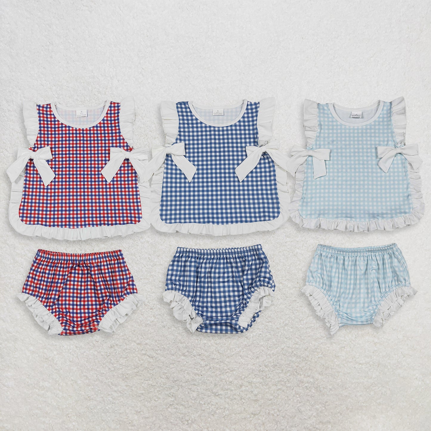 RTS Sibling  plaid baby girls 4th of july bummies set
