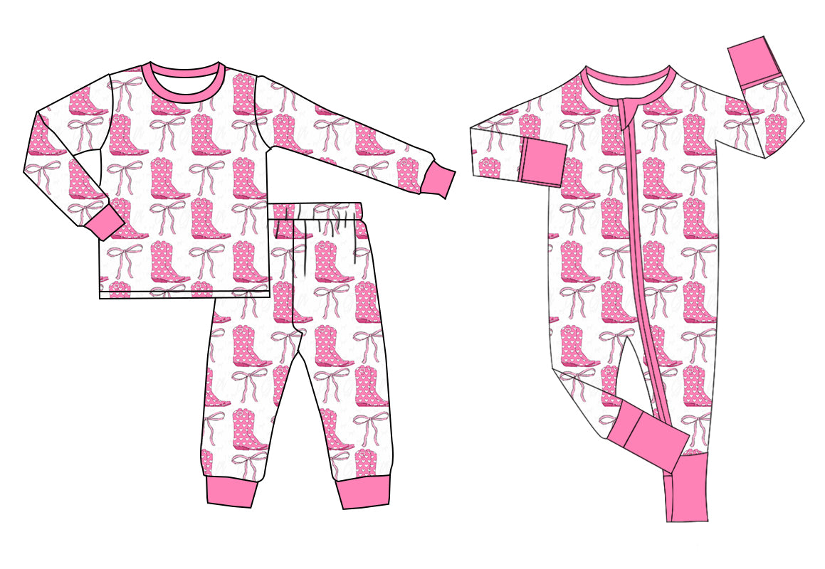 Baby Girls Pink Boots Bow Top Pants Pajama Set and Long Zipper Romper Mixed Sizes Pre-Order