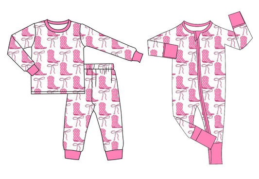 Baby Girls Pink Boots Bow Top Pants Pajama Set and Long Zipper Romper Mixed Sizes Pre-Order