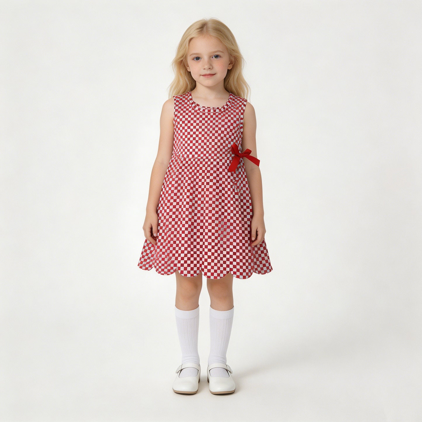 GSD3669 RTS NO MOQ （In stock）Sleeveless plaid scallop bow kids girls athletic dress
