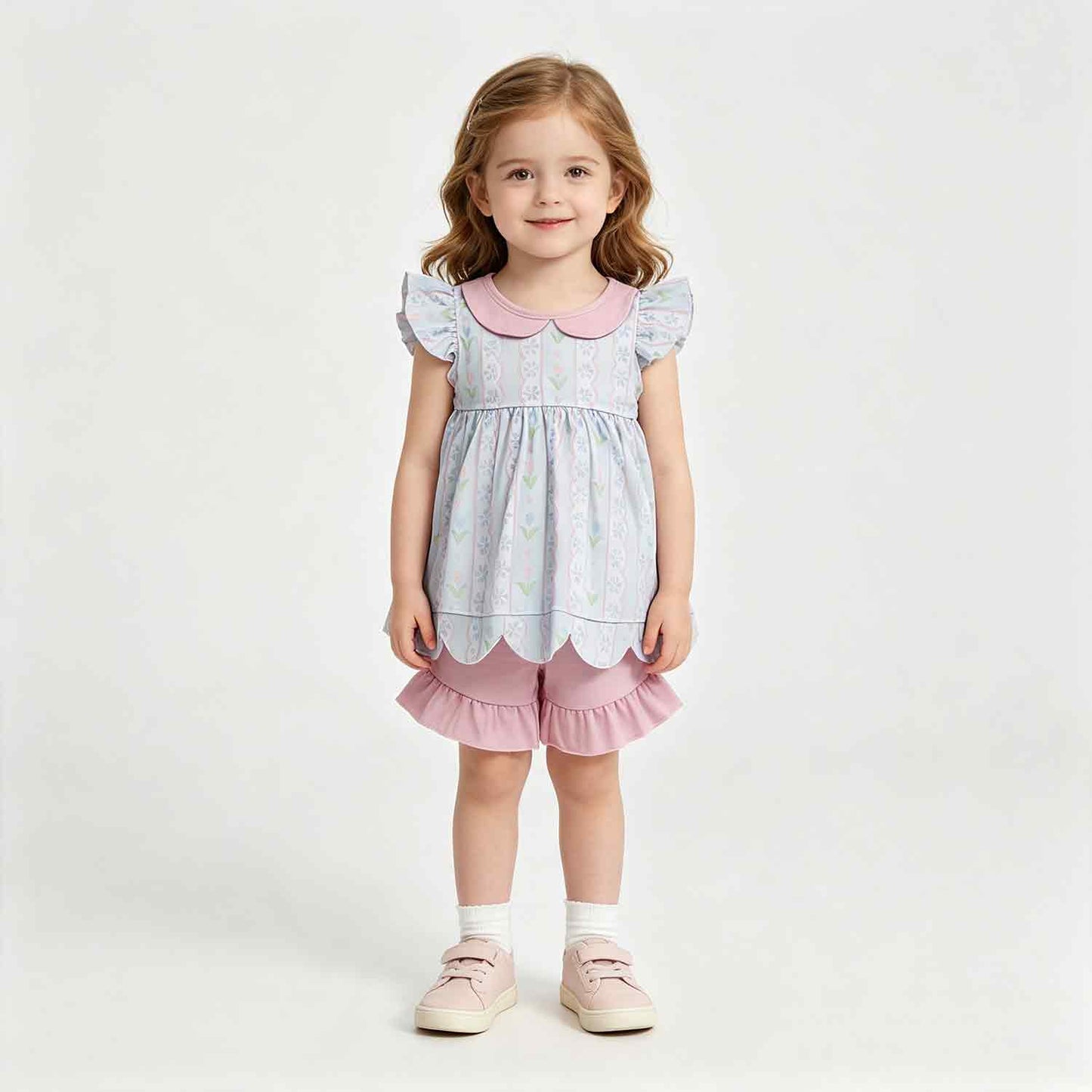 GSSO3490 RTS NO MOQ （In stock）milk silk  Floral scallop tunic ruffle shorts girls summer outfits