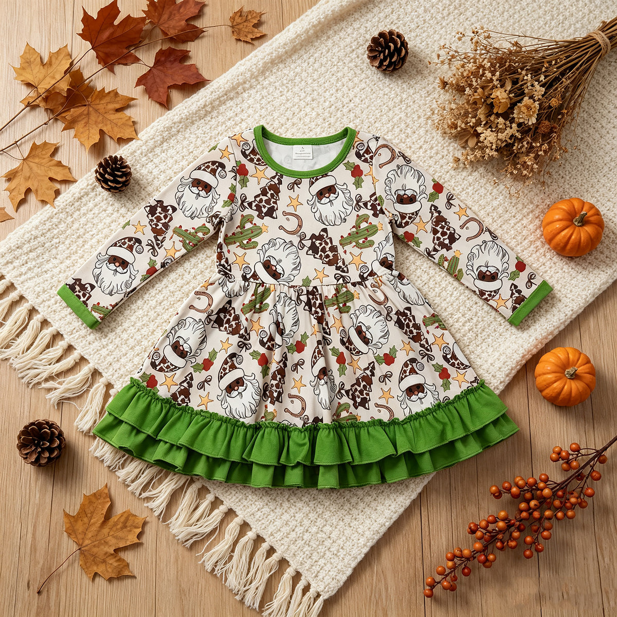 RTS NO MOQ （In stock）milk silk GLD1213 Baby Girls Christmas Western Long Sleeves Santa Cactus Ruffle Knee Length Dresse