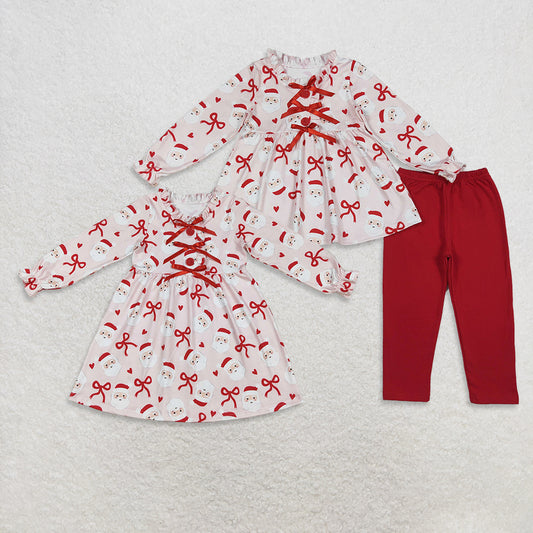 9.30 RTS Sibling Baby Girls Red Bows Santa Button Tunic Legging Pant Christmas Clothes Sets Knee Length Dresses