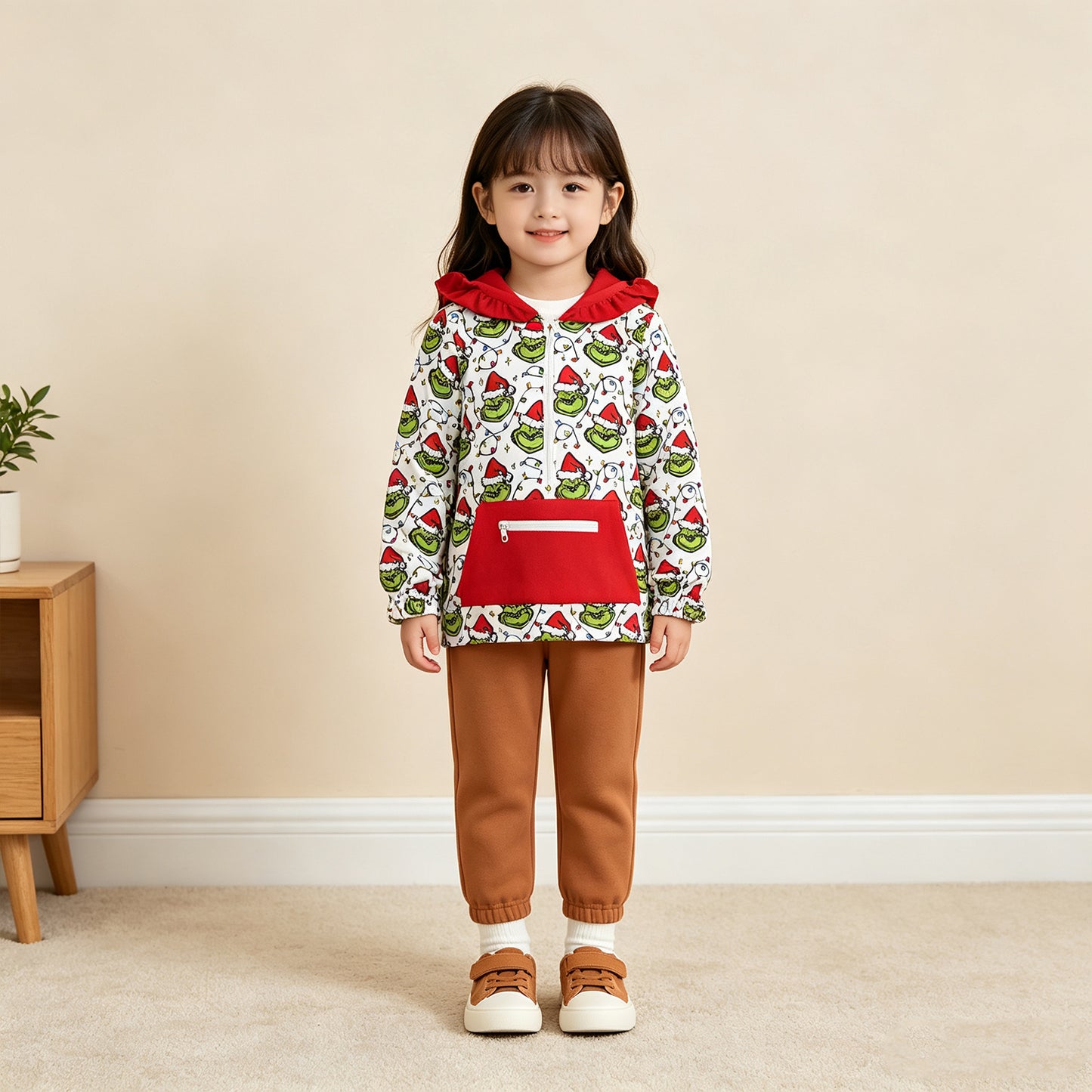 GT1163  RTS NO MOQ （In stock）milk silk Cute Clothes Baby Girls Christmas Plaid Print Pocket Zipper Christmas Hoodie Tops