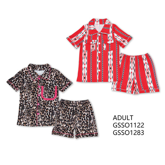 GSSO1122 GSSO1283 Adult Girls Button Cardigan Short Sleeve Shorts Pajama Set: Leopard & Geometric Stripes