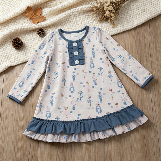 RTS NO MOQ （In stock）milk silk GLD0874 Baby Girls Blue Pink Soldier Dancers Button Ruffle Knee Length Dresses