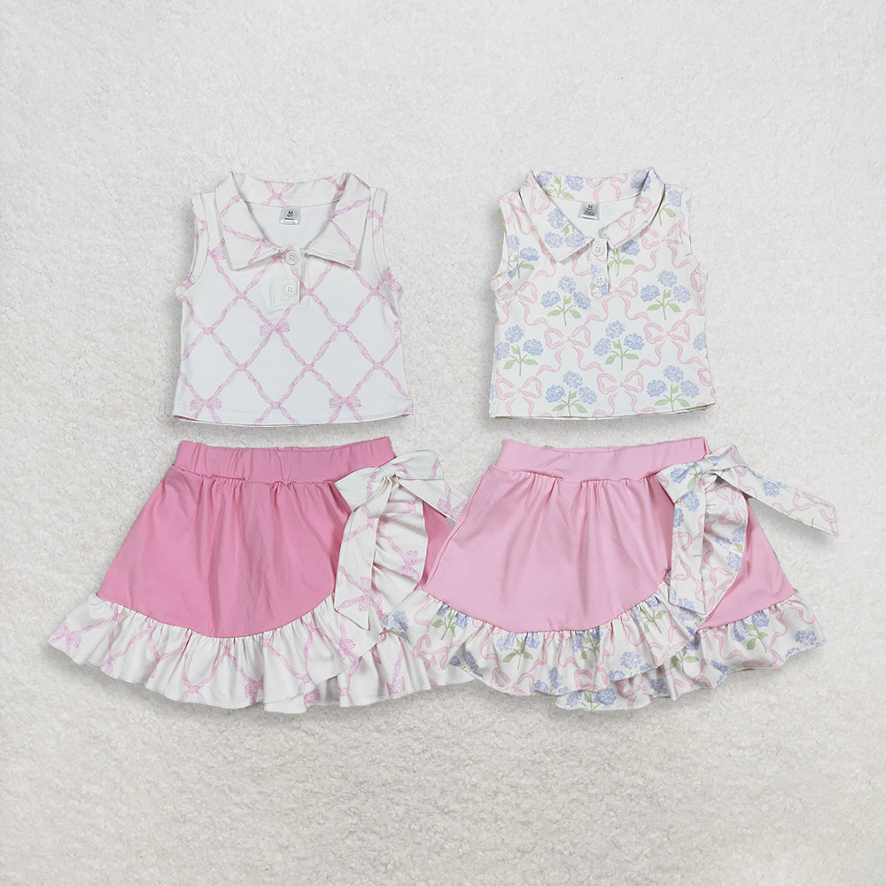 RTS NO MOQ （In stock ）Sleeveless bow floral top ruffle skirt girls activewear set