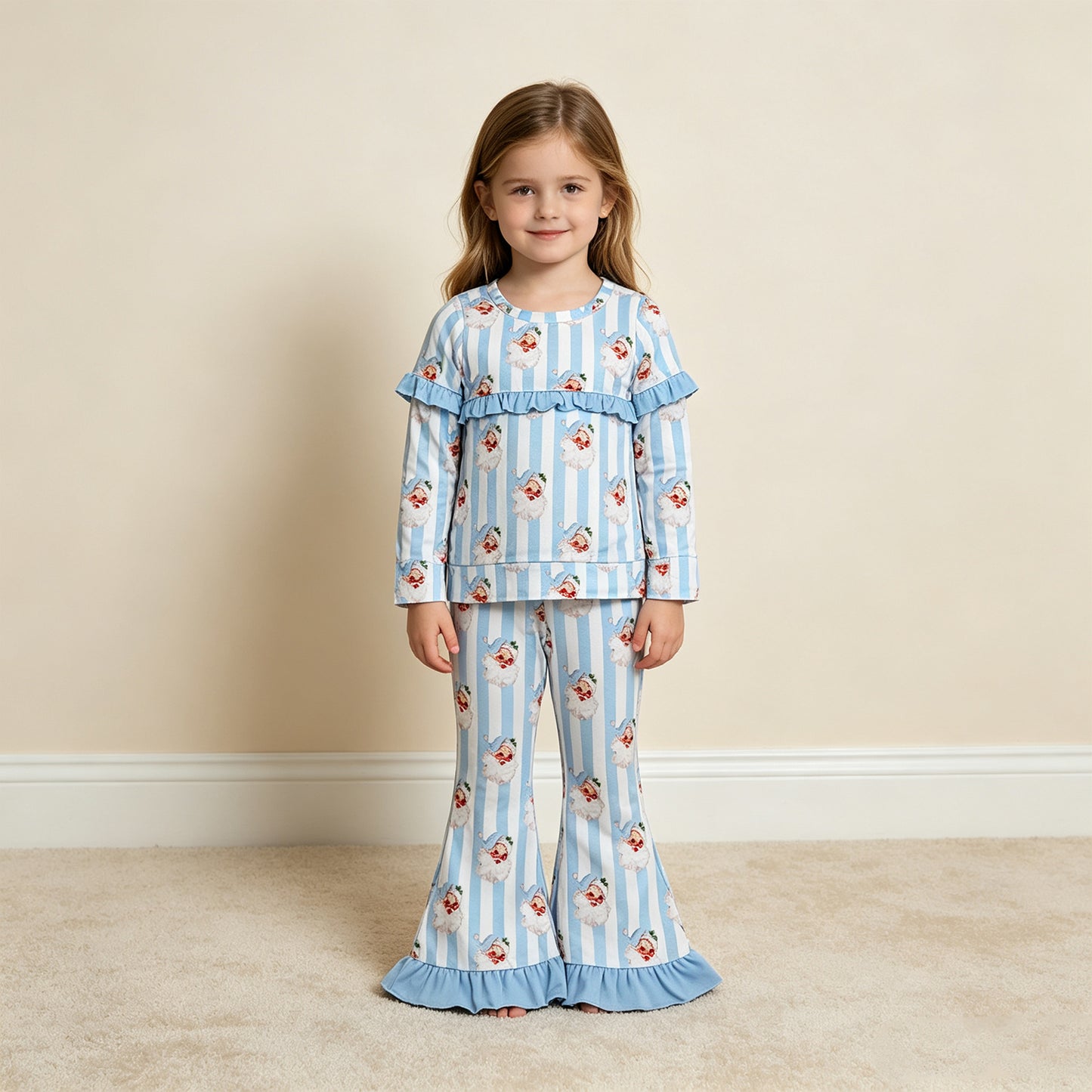 RTS NO MOQ milk silk GLP3451 Baby Girls Blue Bow Santa Stripe Print Long Sleeve Top Bell Bottom Flare Pants Christmas Set