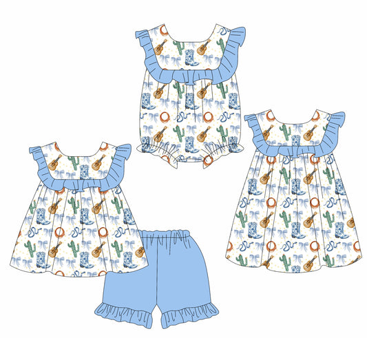 Light Blue Ruffle Cactus Bow Western Style Girls Dress Cute Country Chic Girls Clothing