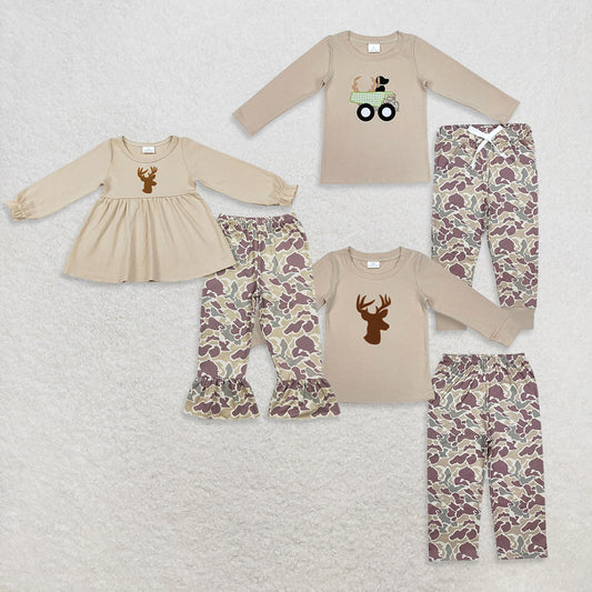 USA Warehouse (IN STOCK)  Girls Deer Tunic Camo Ruffle Pants Set Boys Hunting Clothing Dog Deer Truck Top Camouflage Pants for Kids
