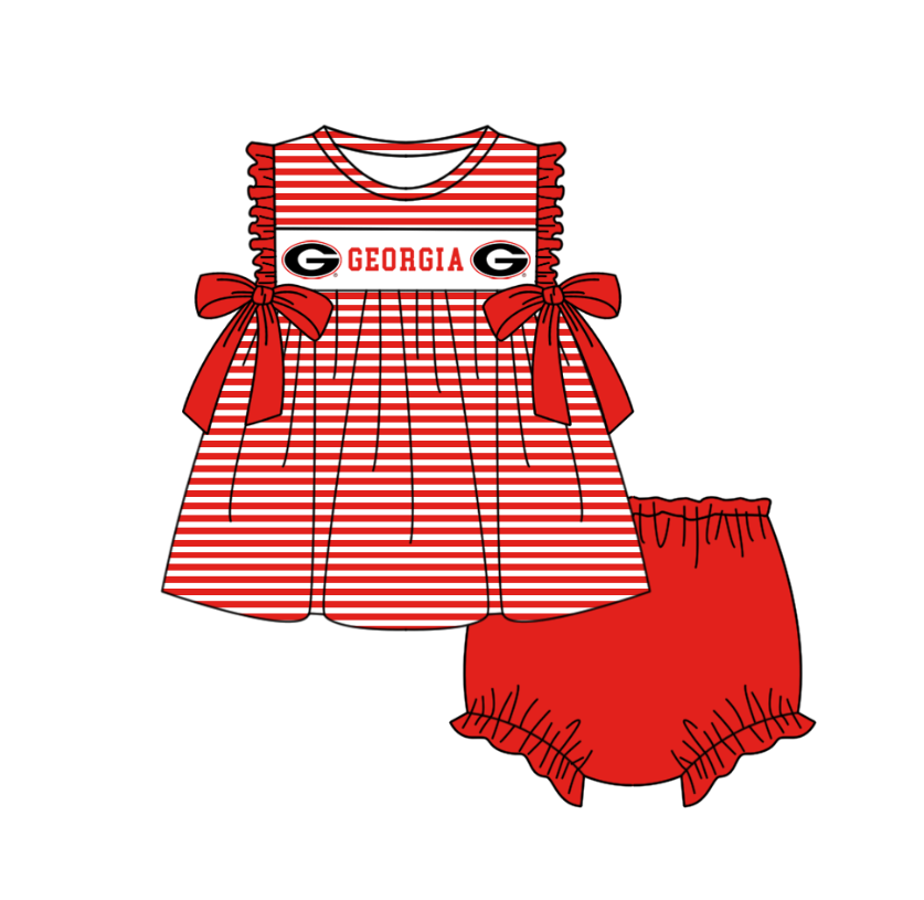 CUSTOM MOQ 5 Sibling Baby Kids Bright Red Stripe Top Ruffles Shorts Clothes Set Knee Length Dress Rompers