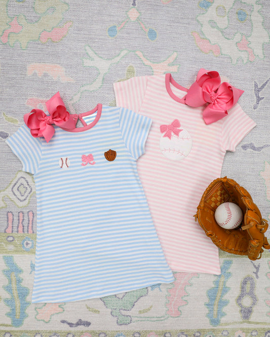 Light Blue Stripe Baseball Bow Baby Girls Dress Cute Infant Girl Outfit Soft Cotton Clothing for Little Girls