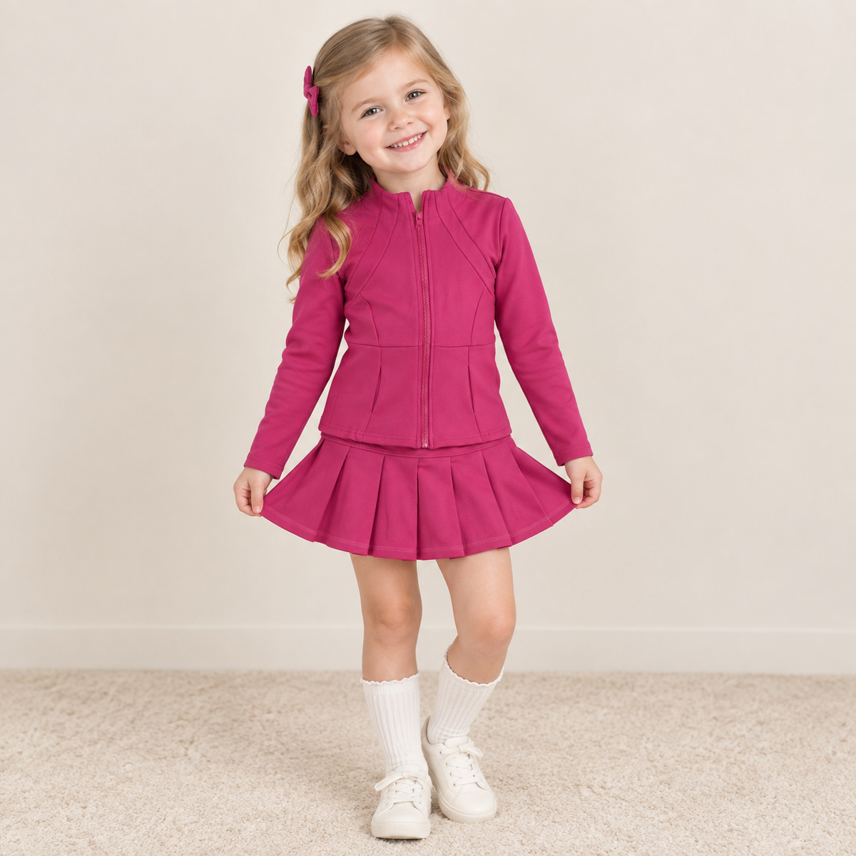 RTS NO MOQ （In stock）yoga fabric cotton GLD1703 （GT1802+GLK0079）Yoga Girls Hot pink Zip Long Sleeve Top Skorts Bottom Pleated Skirts Yoga Set