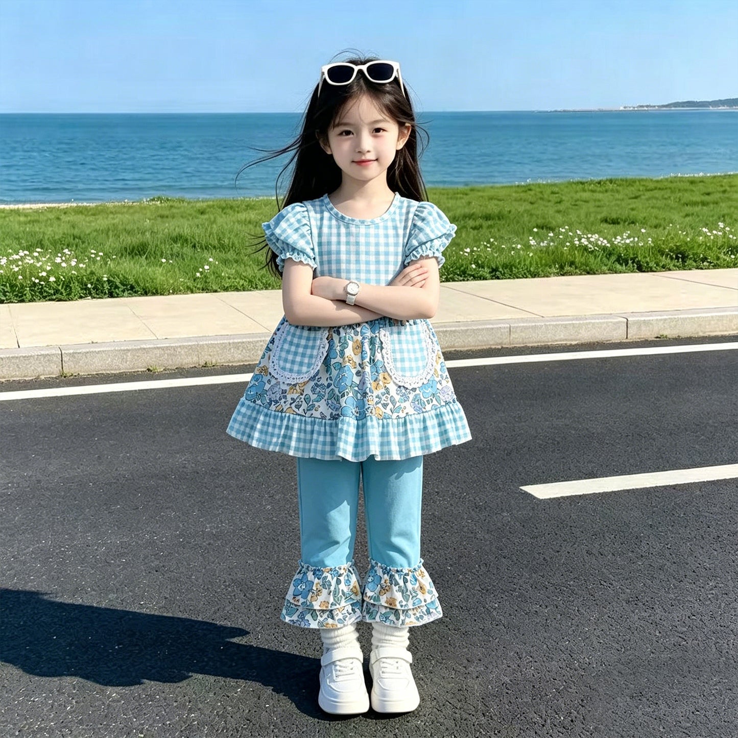 GSPO2282 RTS NO MOQ （In stock ）Short sleeves plaid floral tunic pants girls outfits