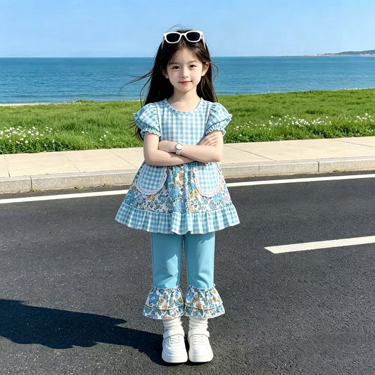 GSPO2282 RTS NO MOQ （In stock ）Short sleeves plaid floral tunic pants girls outfits