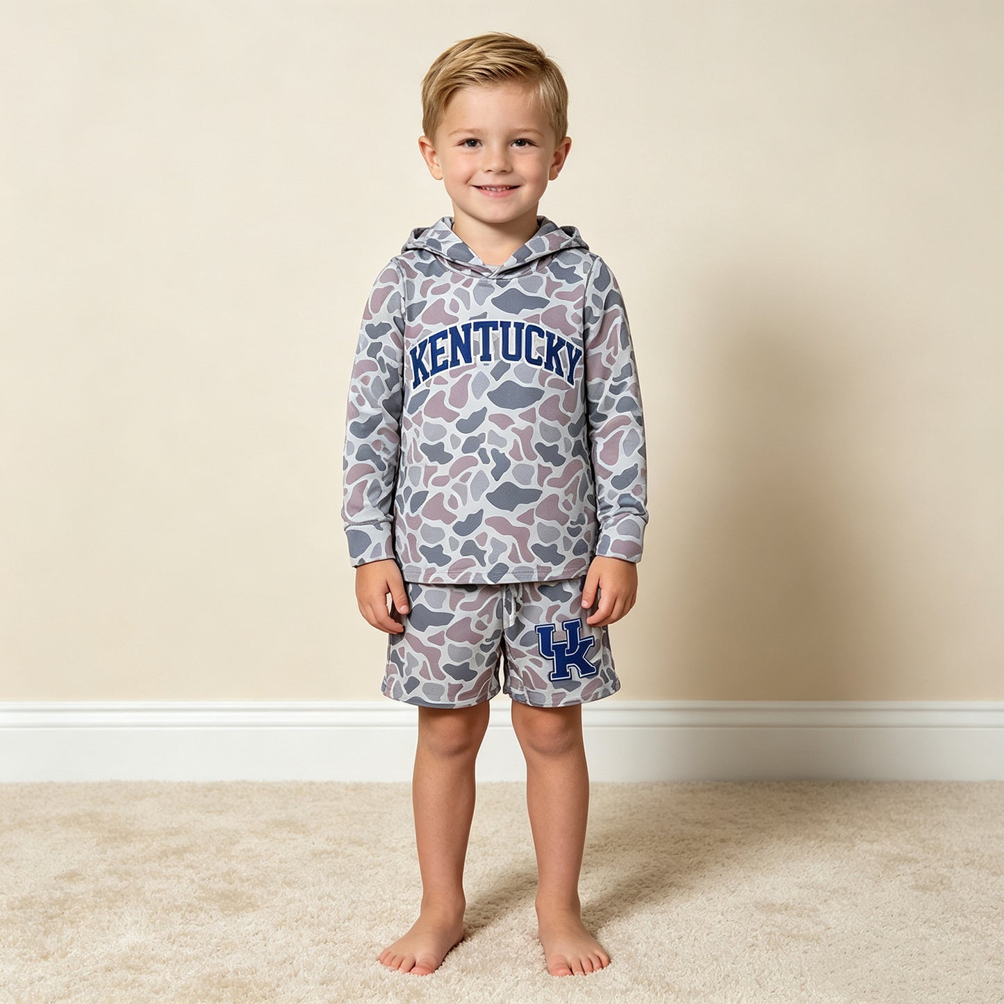 RTS NO MOQ （In stock）BLS0043  milk silk Baby Boys Grey Camo Kentucky Long Sleeve Hoodie Short Team Clothes Set