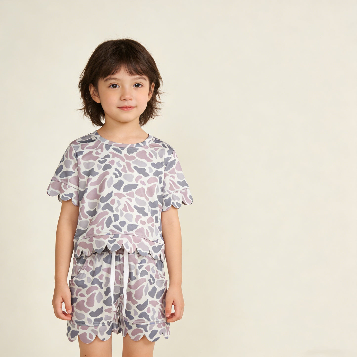 4.3 GSSO3226 RTS NO MOQ （In stock ）Grey camo scallop top shorts girls summer outfit