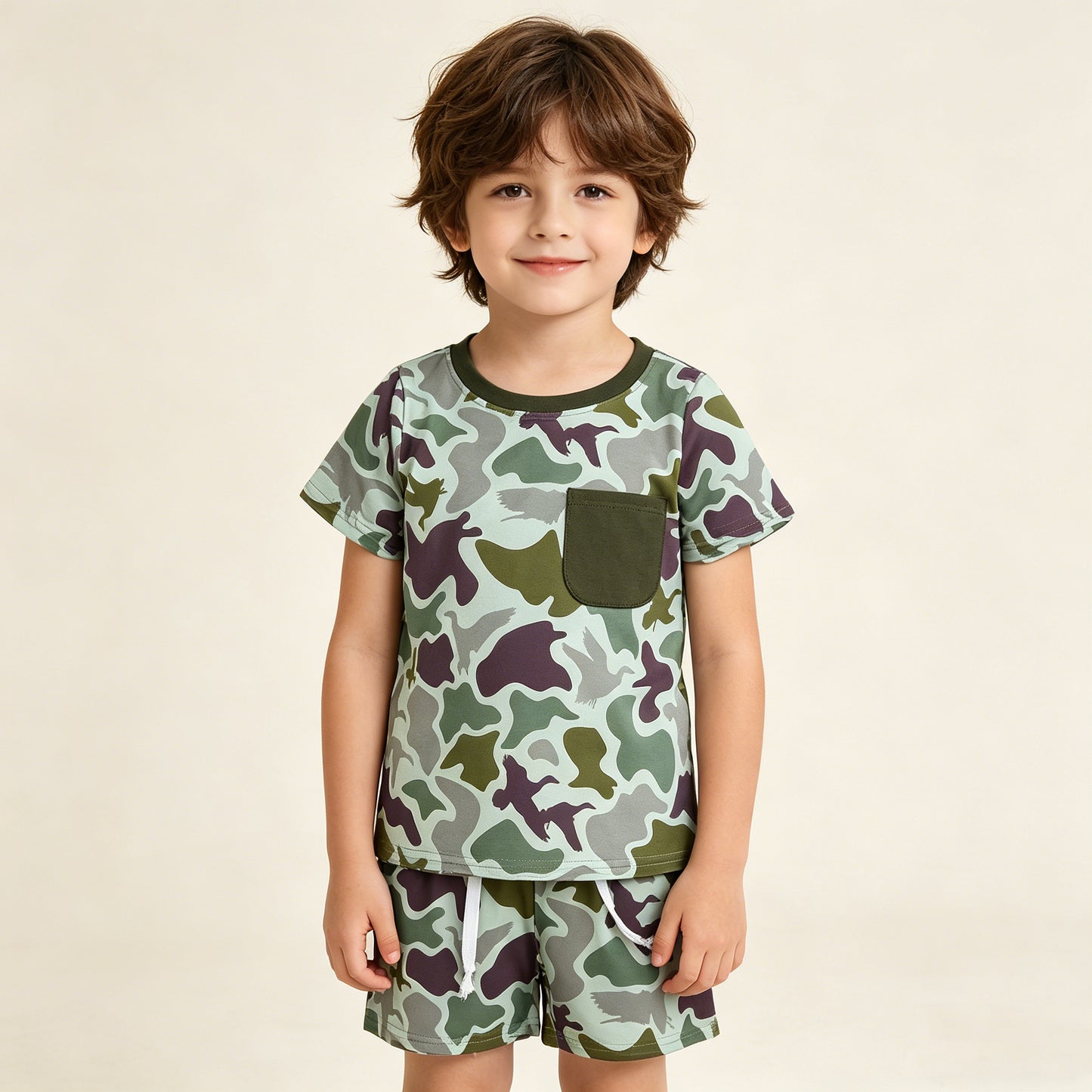 BSSO1793 RTS NO MOQ （In stock ）Short sleeves pocket duck camo top shorts boys outfits