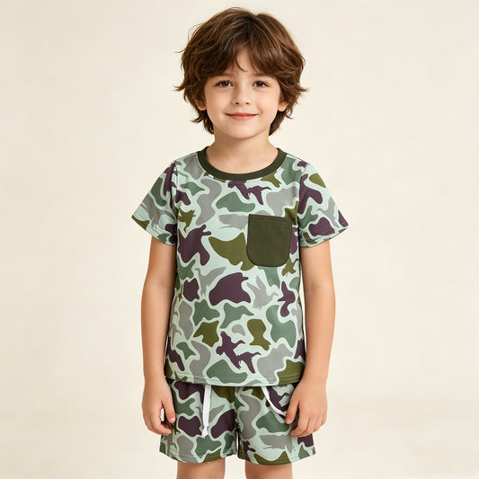 BSSO1793 RTS NO MOQ （In stock ）Short sleeves pocket duck camo top shorts boys outfits