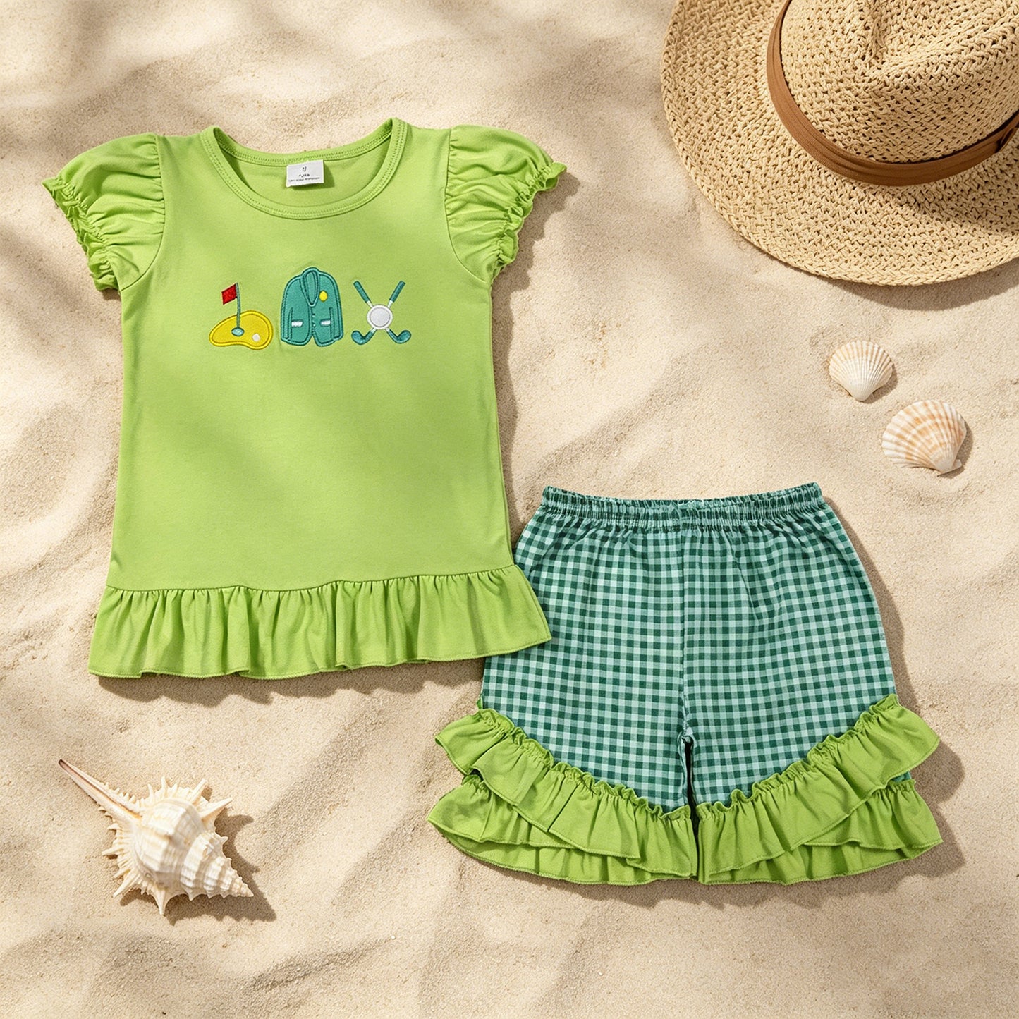 GSSO3033 RTS NO MOQ （In stock ）Short sleeves golf ruffle top plaid shorts girls outfits