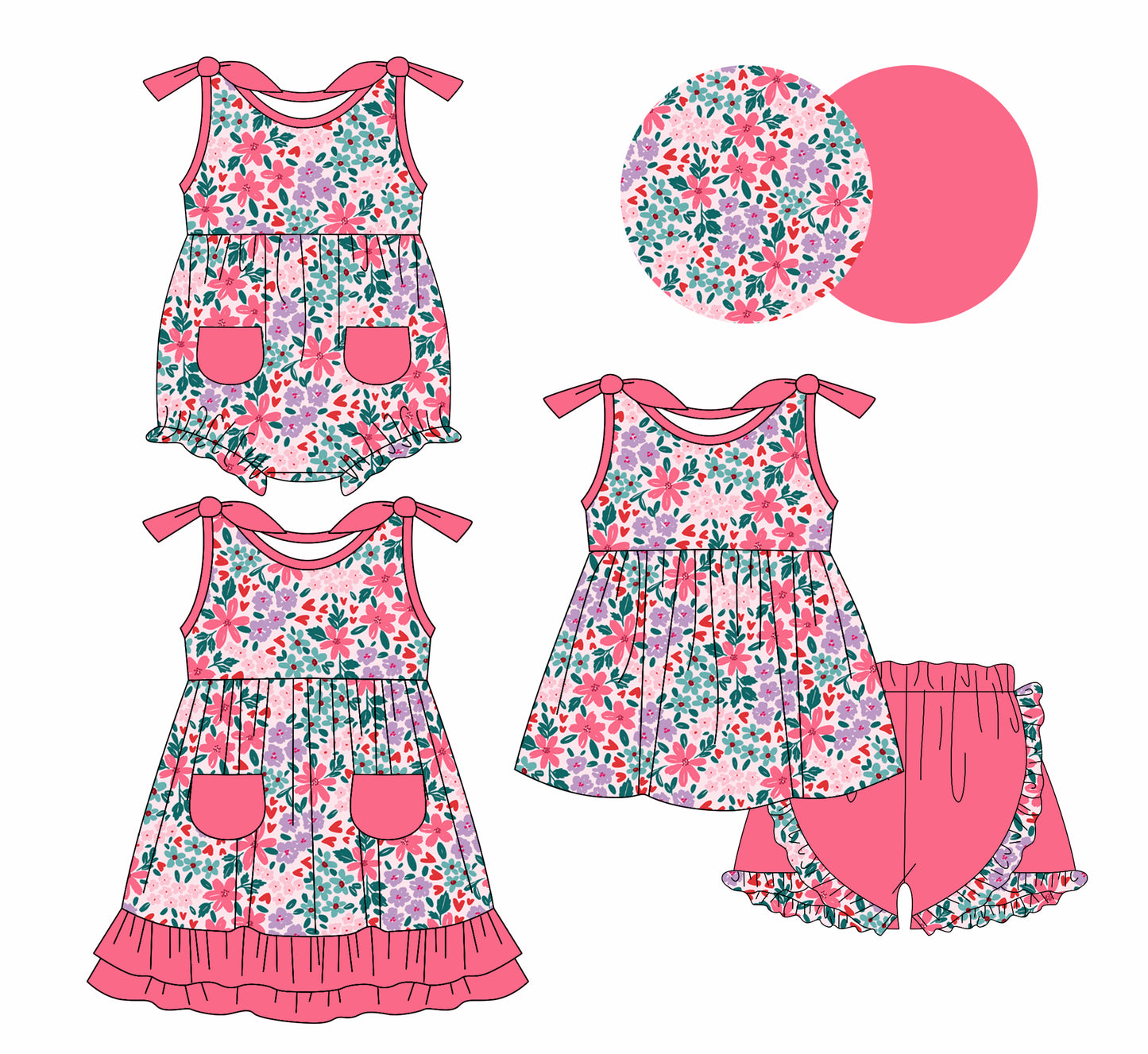 Sleeveless floral tunic ruffle shorts kids girls outfits