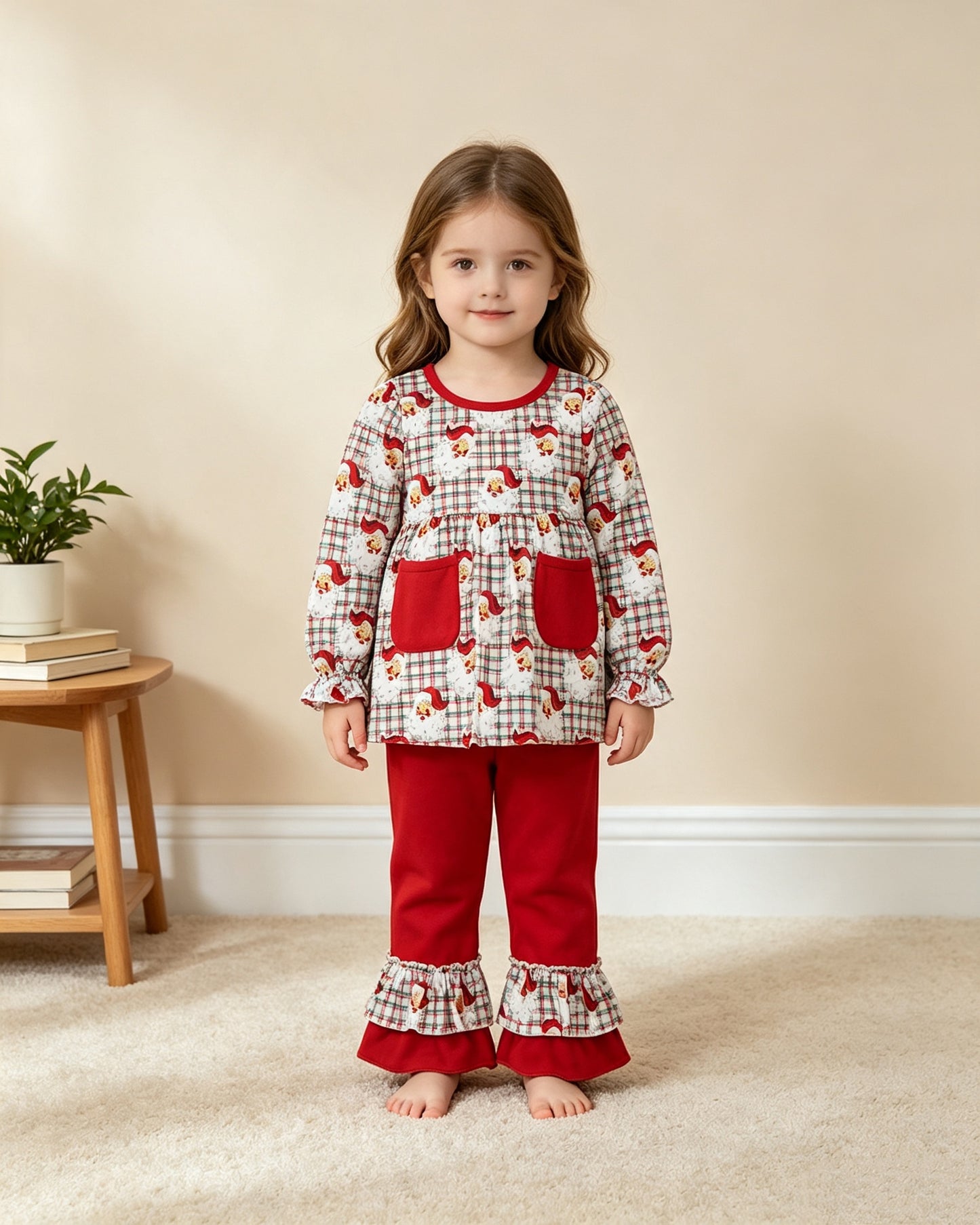 GLP3457 RTS NO MOQ （In stock）milk silk Baby Girls Red Green Checked Santa Print Pocket Long Sleeve Tunic Ruffle Pants Christmas Clothes Set