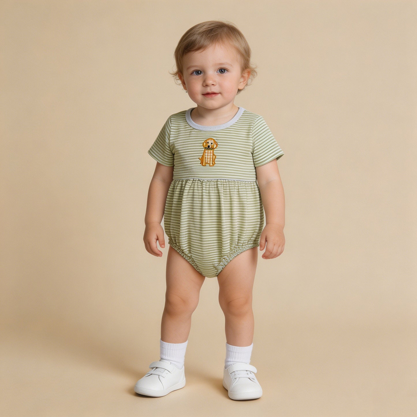 SR4140 RTS NO MOQ （In stock）Short sleeves dog embroidery stripe baby boy romper
