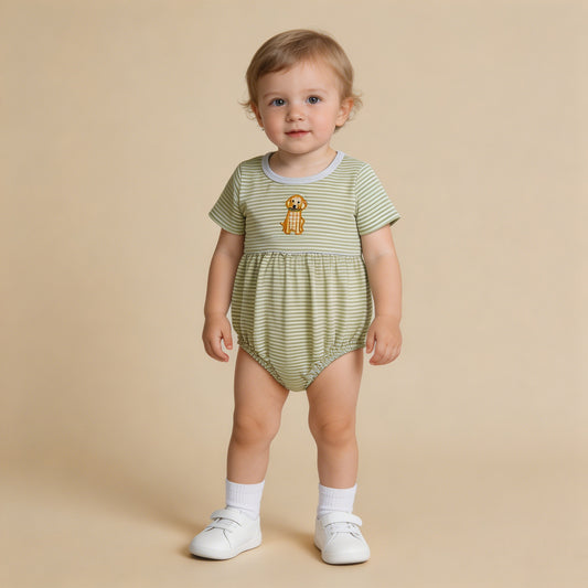 SR4140 RTS NO MOQ （In stock）Short sleeves dog embroidery stripe baby boy romper