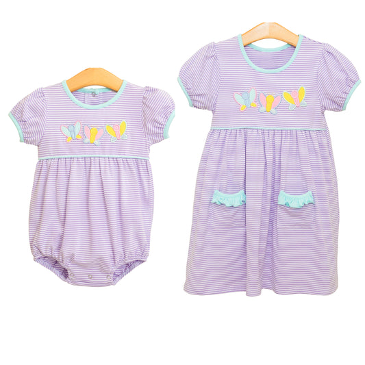 Lavender Stripe Butterfly Girls Dress Short Sleeve Cute Feminine Summer Fashion Children's Clothing