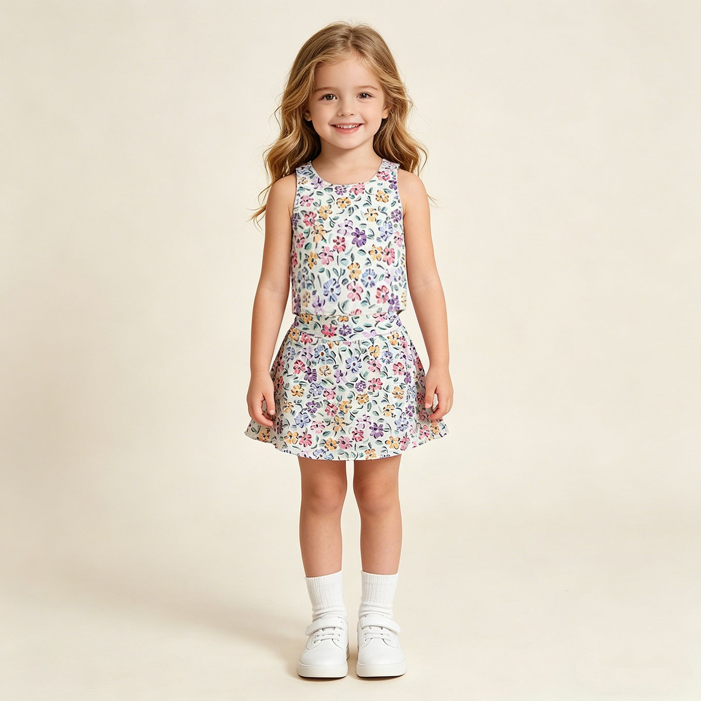GSD3838 RTS NO MOQ （In stock ）Sleeveless floral kids girls summer activewear set