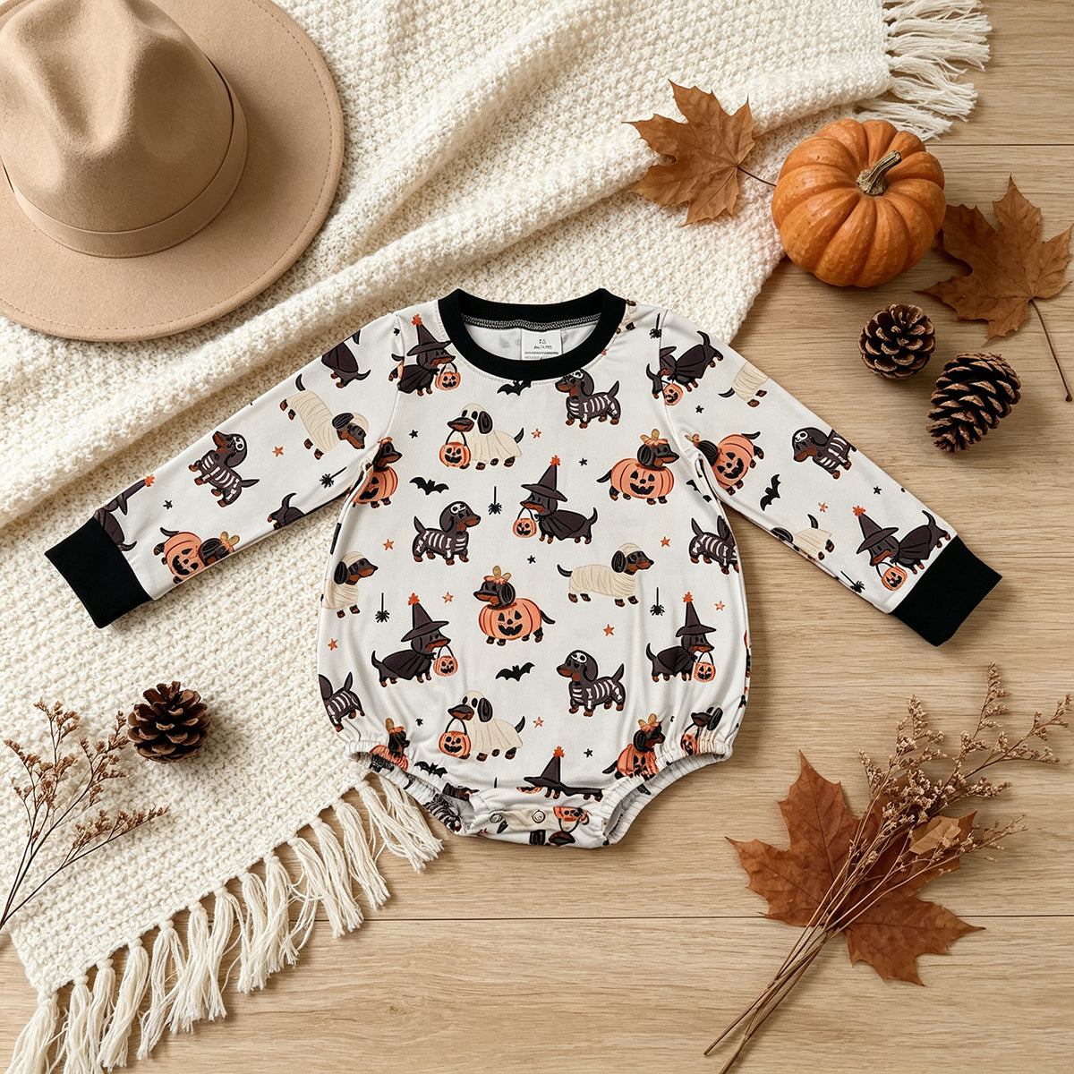 RTS NO MOQ milk silk LR3238 Baby Boys Long Sleeve Ghost Pumpkins Dogs Halloween Romper