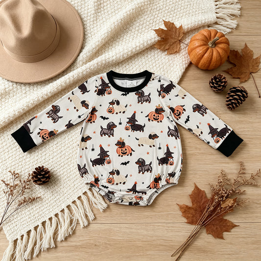 RTS NO MOQ milk silk LR3238 Baby Boys Long Sleeve Ghost Pumpkins Dogs Halloween Romper