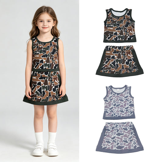 RTS Sibling yoga fabric Baby Girls Camo Print Sleeveless Vest Top Skort Two Piece Yoga Active Summer Outfit Set