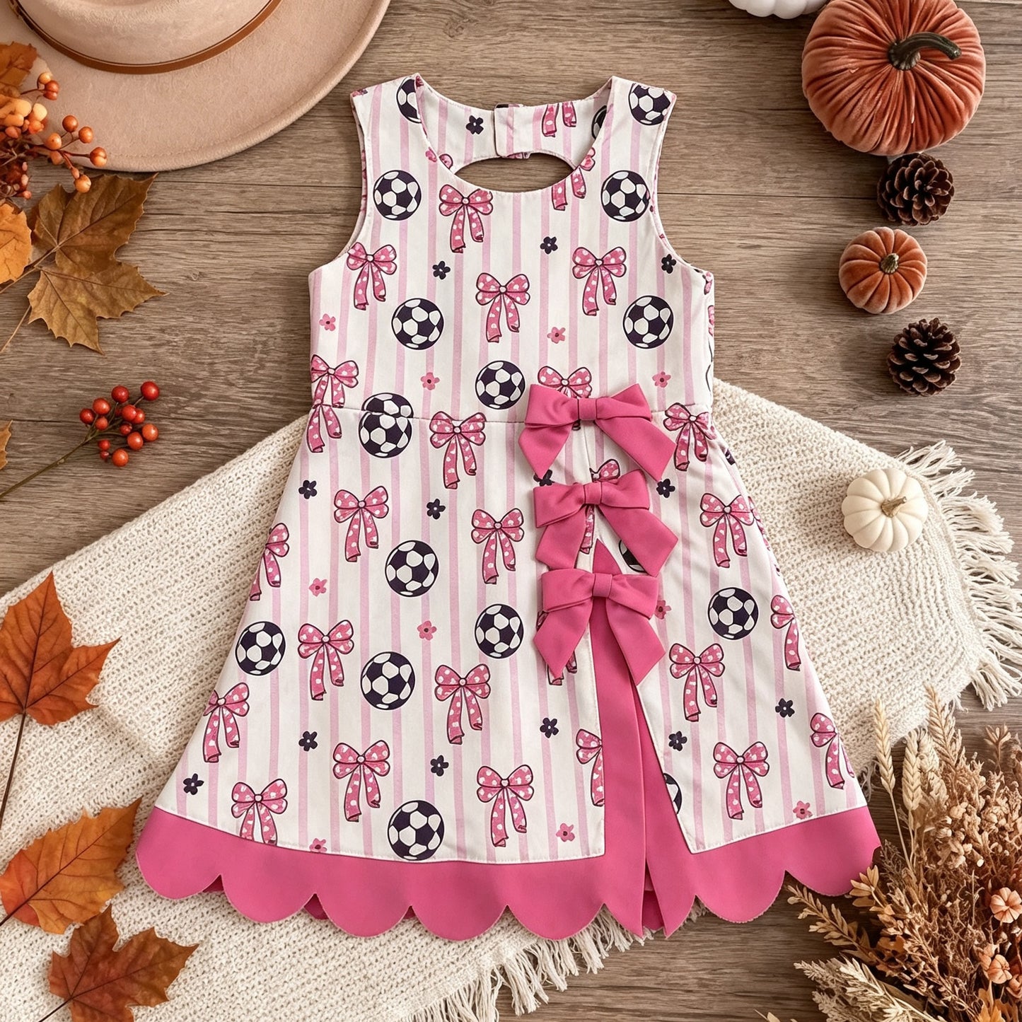 5.4 GSD4100 RTS NO MOQ （In stock） yoga fabric cotton Baby Girls Footballs Bows Team Yoga Active Short Scallop Knee Length Dress