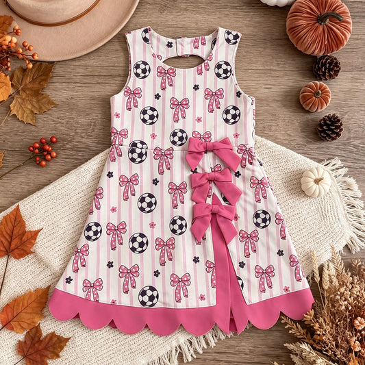 5.4 GSD4100 RTS NO MOQ （In stock） yoga fabric cotton Baby Girls Footballs Bows Team Yoga Active Short Scallop Knee Length Dress