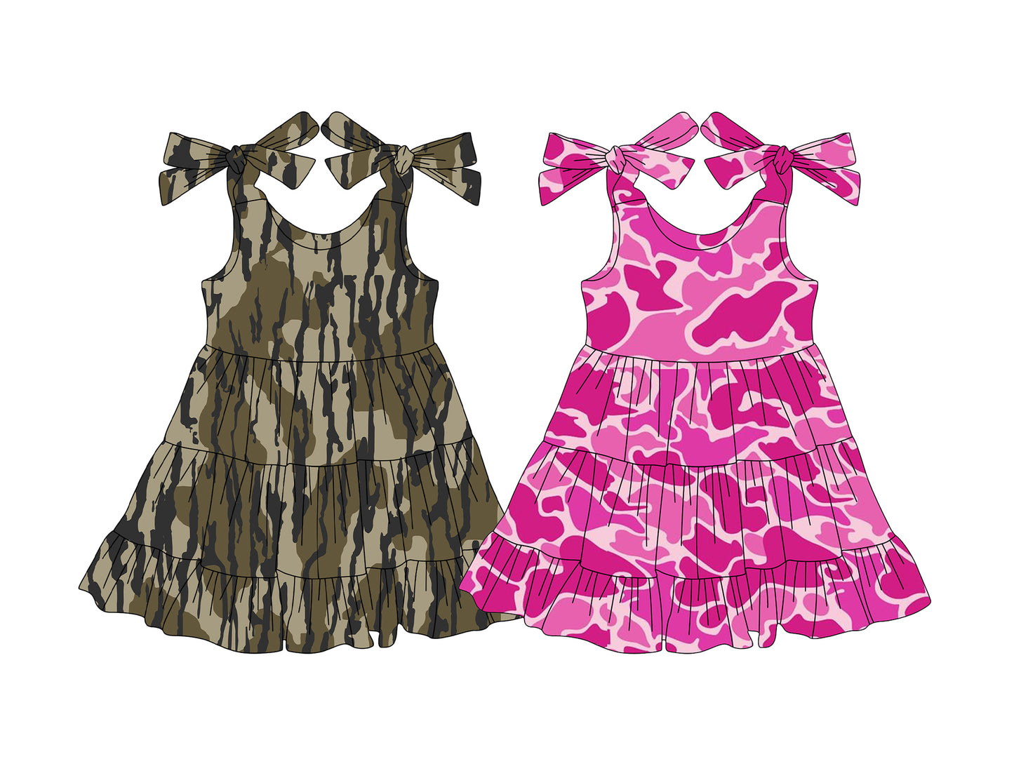 Girls Patchwork Ruffle Summer Dresses Hot Pink Camo Straps