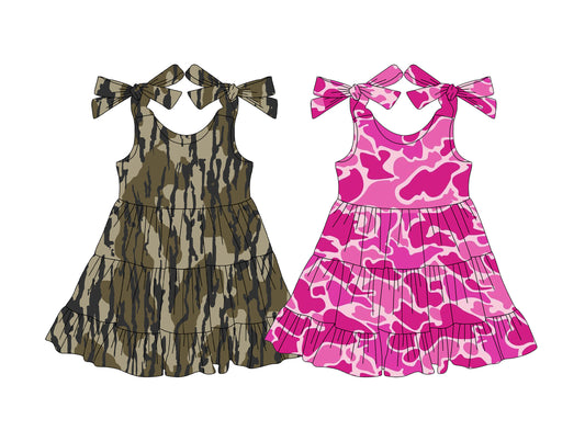 Girls Patchwork Ruffle Summer Dresses Hot Pink Camo Straps
