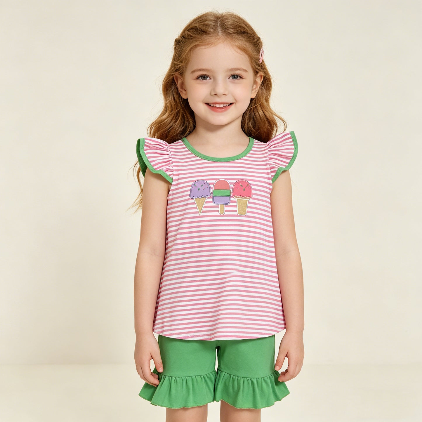 GSSO2349 RTS NO MOQ （In stock ）Pink stripe popsicle top green shorts girls summer clothes