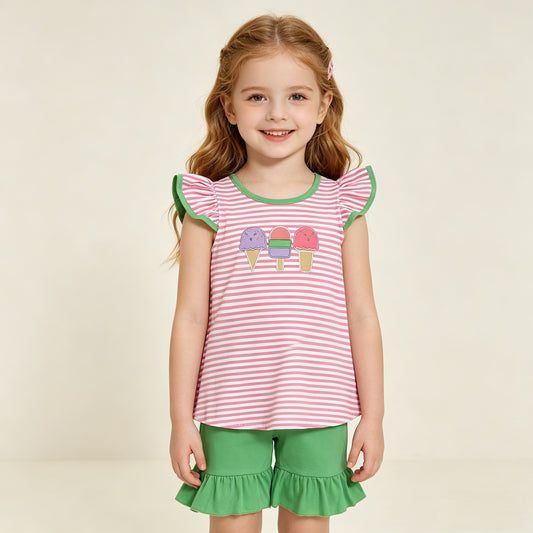 GSSO2349 RTS NO MOQ （In stock ）Pink stripe popsicle top green shorts girls summer clothes