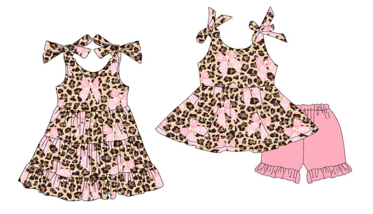 6.02   pre order Girls Leopard Bow Tunic Top with Straps And Pink Shorts Set Cute Animal Print Outfit for Kids