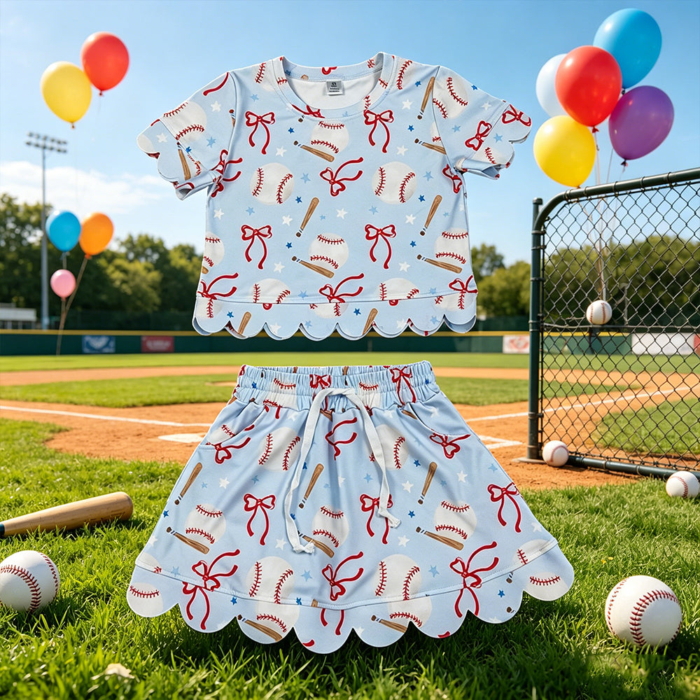 GSD3656 RTS NO MOQ （In stock ）Short sleeves baseball bow scallop top skirt girls active outfit